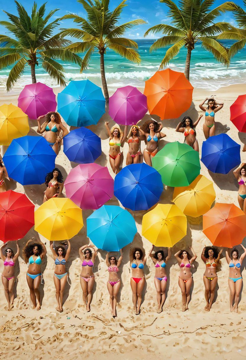 A vibrant summer beach scene showcasing diverse women of different body types joyfully wearing colorful bikinis. Brightly colored beach umbrellas dotting the sand, with tropical palm trees and a sparkling ocean in the background. Include playful elements like beach balls and surfboards. The atmosphere exudes happiness and confidence. super-realistic. bright and cheerful colors.